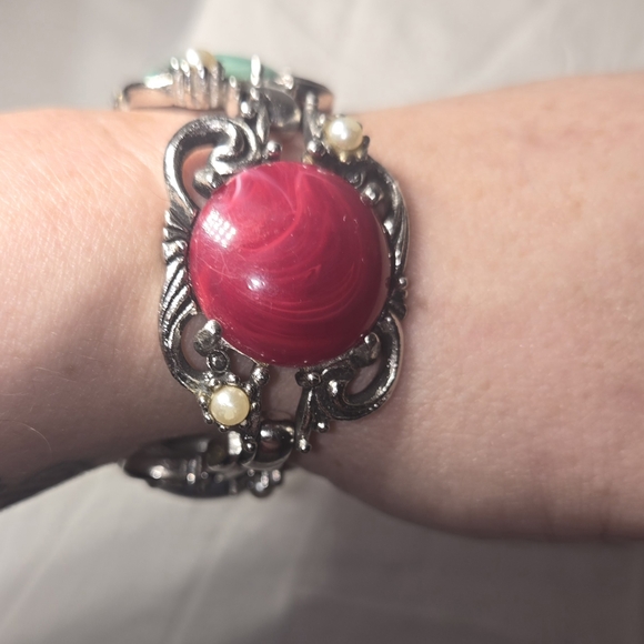 1957 Vintage SARAH COV Fiesta Bracelet SilverPlate Acrylic Cabochons Faux Pearls - Picture 10 of 10